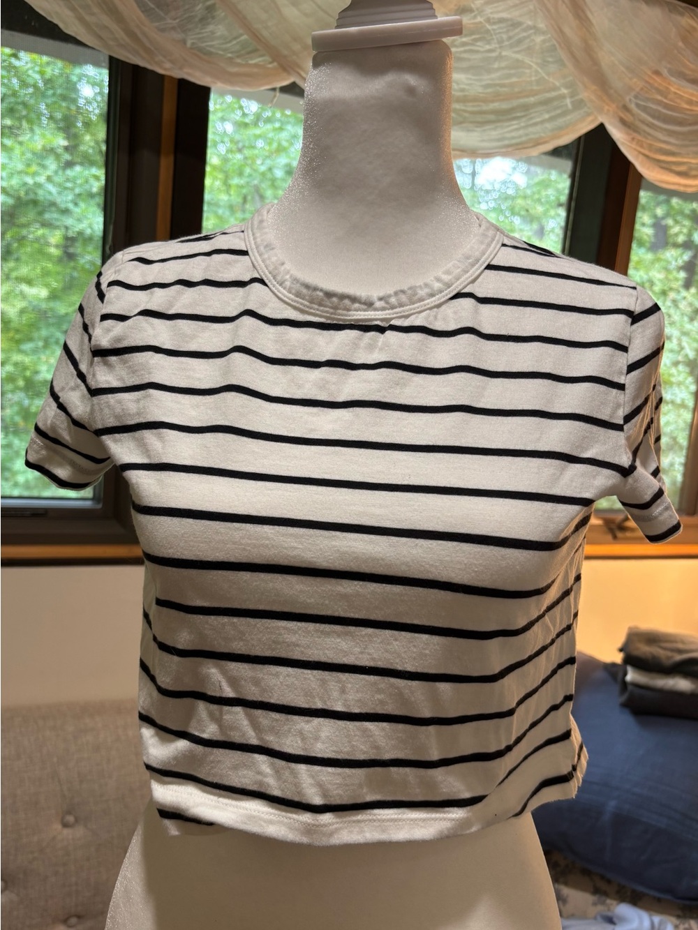 GAP Organic Cotton VintageSoft Crop T-Shirt White Black Stripe XS Petite